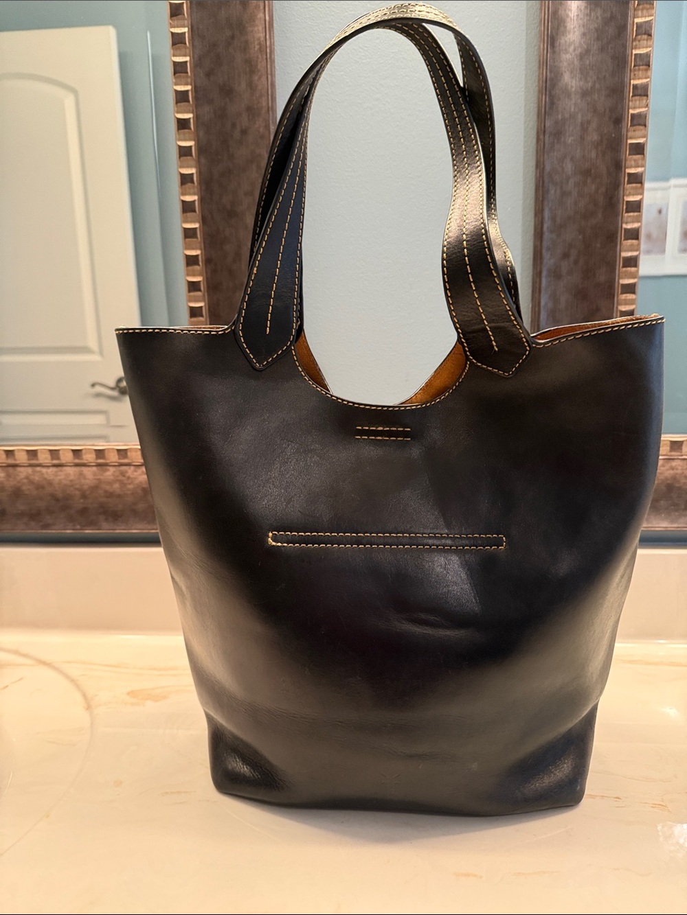 Frye Black Leather Campus Shopper Tote with Contrast Stitching